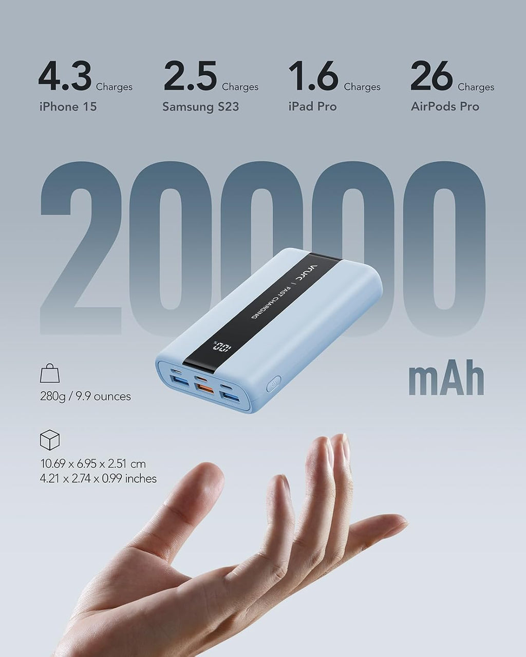 VRURC Power Bank,Small Portable Charger 20000mAh,22.5W Fast Charging, Compact Travel Essential Battery Pack with LED Display, 4 Outputs Compatible with iPhone 16/15/14/13, Samsung, Android,etc-Blue