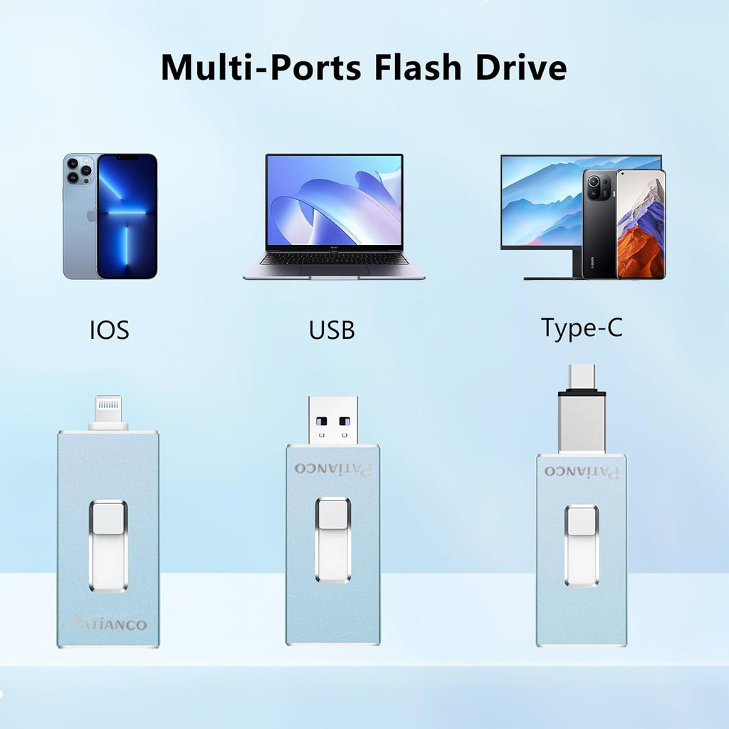 USB Flash Drive 256GB, Apple MFi Certified Photo Stick for iPhone Thumb Drive, iPhone-Memory-Stick for iPad/iPhone/Computer Picture Keeper Portable Hard Drive Blue