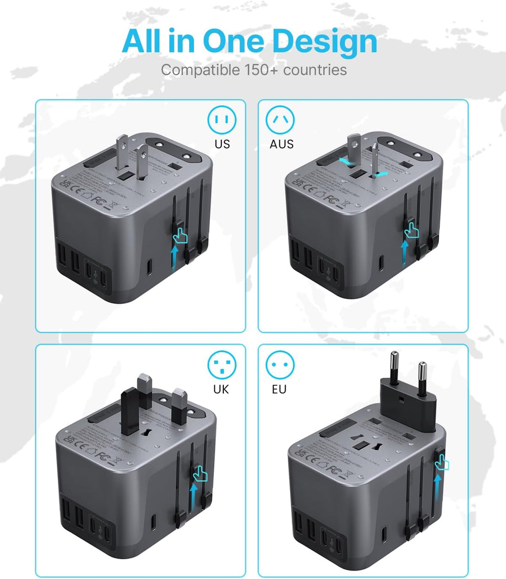 Universal Travel Adapter, VINTAR International Power Adapter with 6A 3 USB C and 2 USB Ports, All in One Travel Essentials Plug Adapter, Worldwide Outlet Converter for Europe UK USA AUS(Type C/G/A/I)