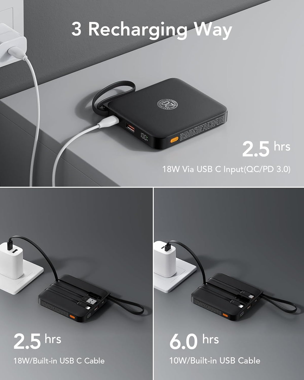 VRURC Portable Charger with Built-in Cable, 10000mAh 22.5W Fast Charging USB C Battery Pack, Cell Phone Power Bank for iPhone 16 15 14 Samsung Galaxy S25 S24 S23 Series Android Tablet, Black(1 Pack)