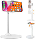 Adjustable Phone Stand for Desk with Clip Mount Live Streaming: 360° Rotatable Overhead Shot Holder with Sturdy Metal Base, Compatible with TikTok, YouTube, Zoom Video Recording (White)