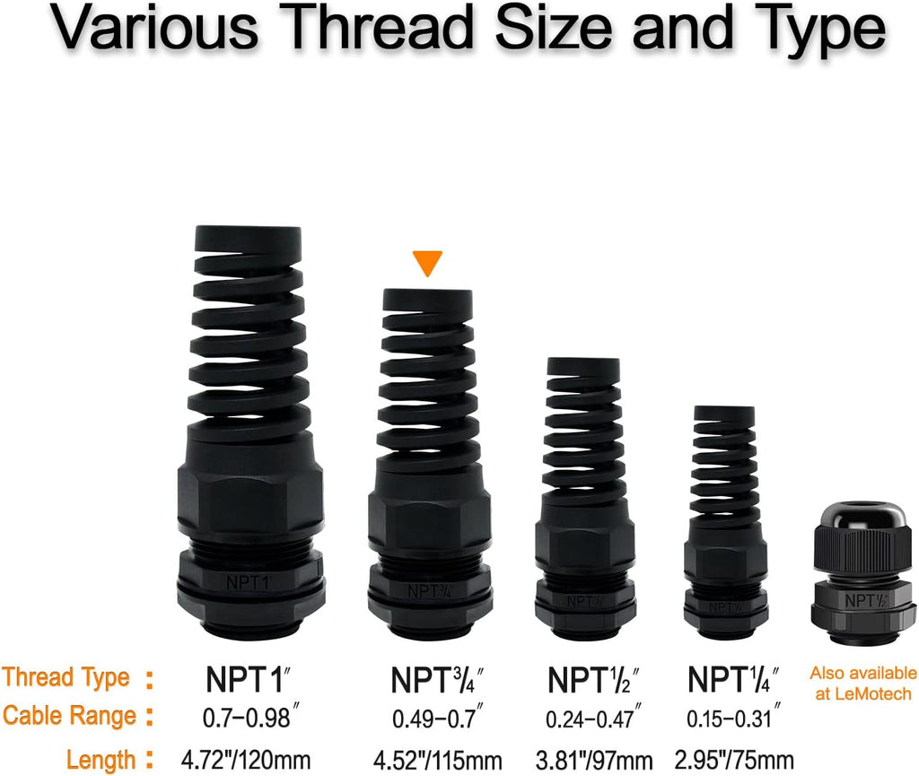 LeMotech 2Pcs NPT 3/4" IP68 Waterproof Cable Gland Flex Spiral Strain Relief Black Nylon Joint with Gaskets for 13-18mm Wire Thread