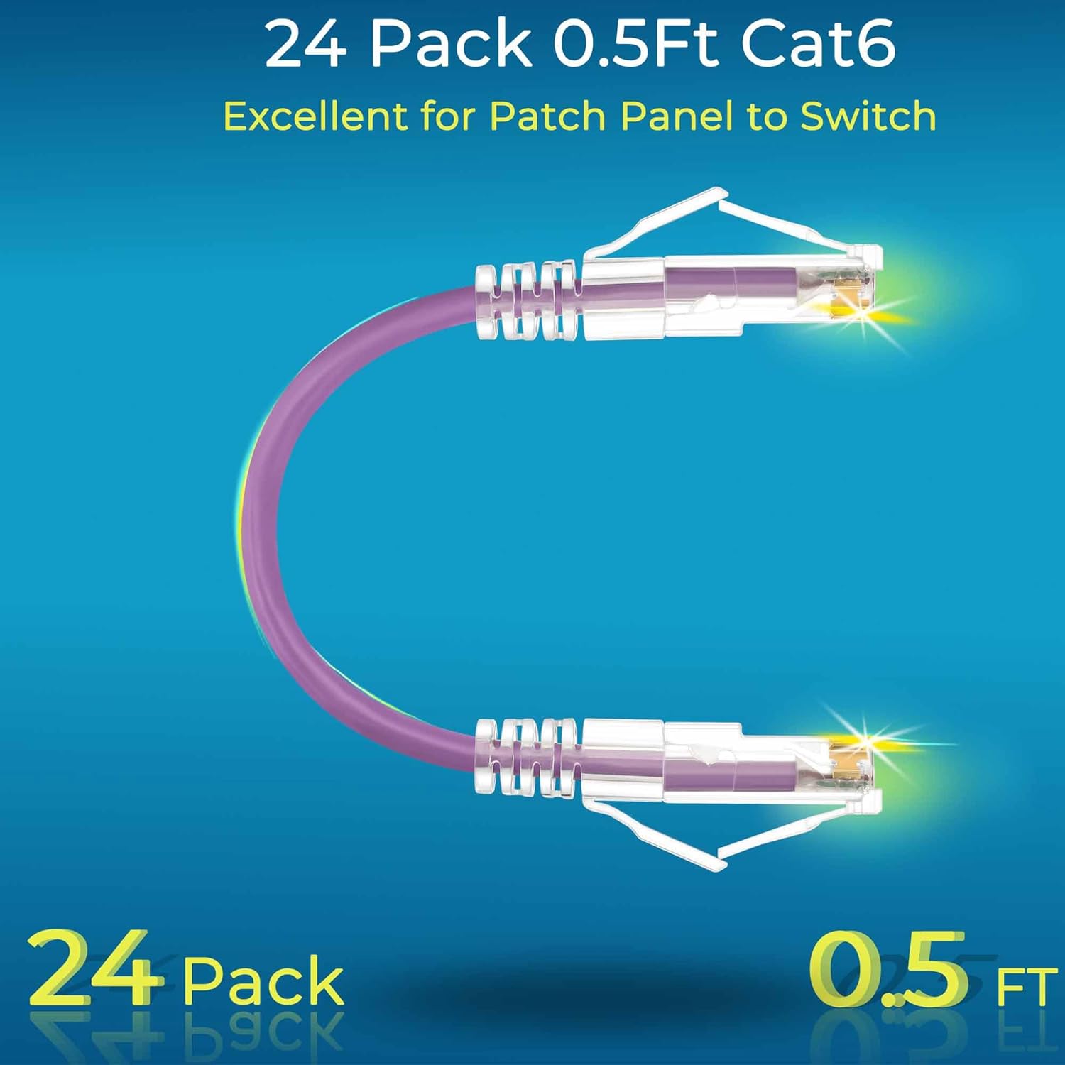 Rapink Patch Cables Cat6/ Cat6a 0.5ft (24 Pack) Slim, Cat6a Ethernet Patch Cable 10G Support, Snagless Cat 6 Patch Cable for Patch Panel to Switch, Flexiable Cat6 Ethernet Cable Purple