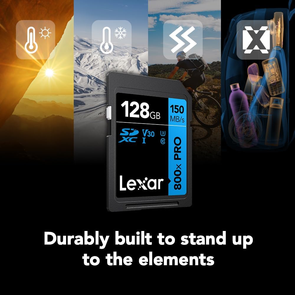 Lexar 128GB High-Performance 800x PRO SD Card, UHS-I, C10, U3, V30, 4K, Up to 150MB/s Read SDXC Memory Card, for Point-and-Shoot & Mid-Range DSLR Cameras, HD Camcorders (LSD0800P128G-BNNNU)