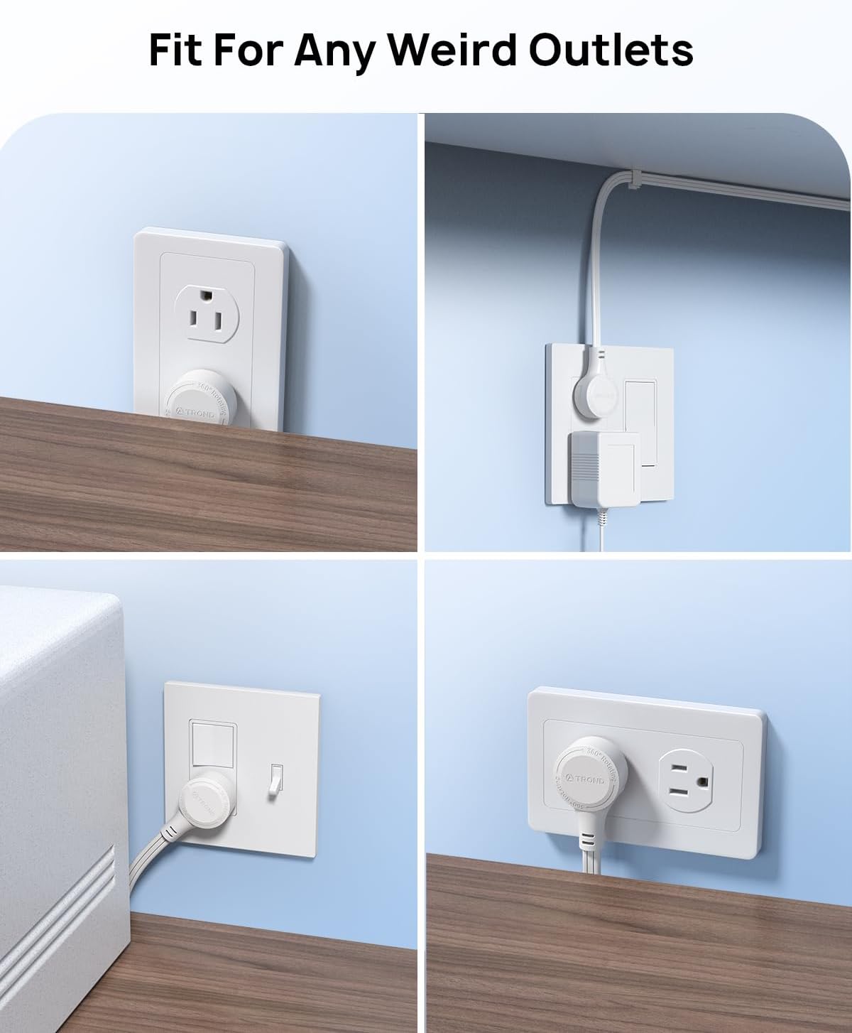 TROND Short Extension Cord 1.5ft with 360° Rotating Flat Plug, Low Profile Small Power Strip, Three Prong 3 Way Grounded Outlets, 13A, SPT 16/3 AWG Cable for Indoor Home Office Cruise Travel, White