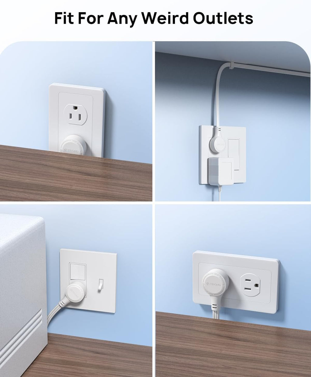 TROND Flat Extension Cord 10ft with 360° Rotating Plug, Low Profile Small Power Strip, 3 Prong Grounded Outlets Cube, 13A, SPT 16/3 AWG Cable, for Indoor Home Office Kitchen Cruise Essentials, White