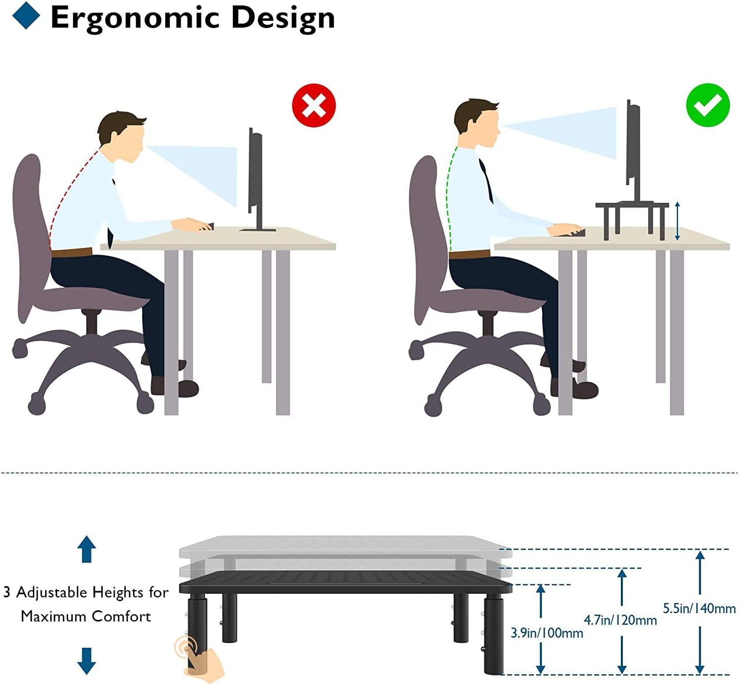 BONTEC 2 Pack 3 Height Adjustable Monitor Stand Riser with Pen Holder, Ergonomic Metal Laptop Stand with Cable Management, Desktop Stand for Computer, Printer, Monitor, Laptop, Black Steel, 14.5 in