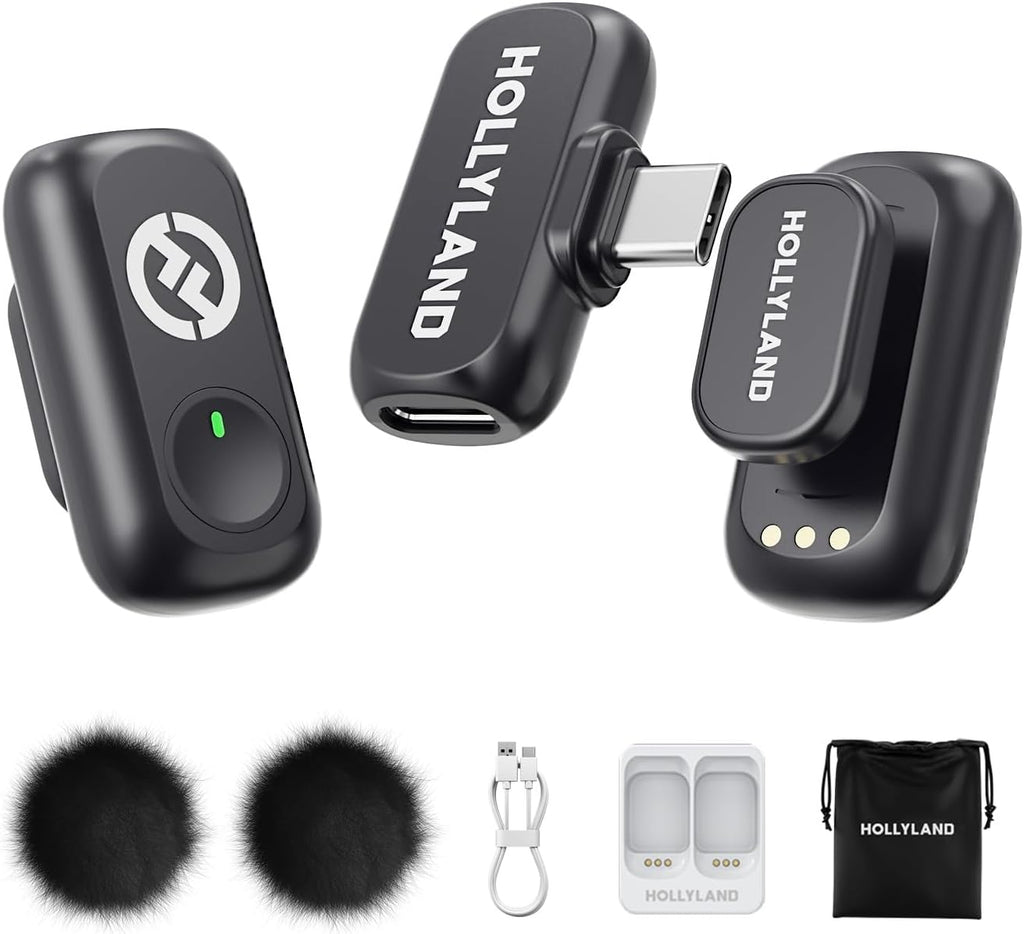 Hollyland Lark A1 Wireless Microphone for iPhone 15/16 & Android, 48kHz/24-bit, 3-Level Intelligent Noise Cancel, Magnetic Mini Microphone for YouTube, Podcast, Vlogging (Black, 2TX + USB-C RX)