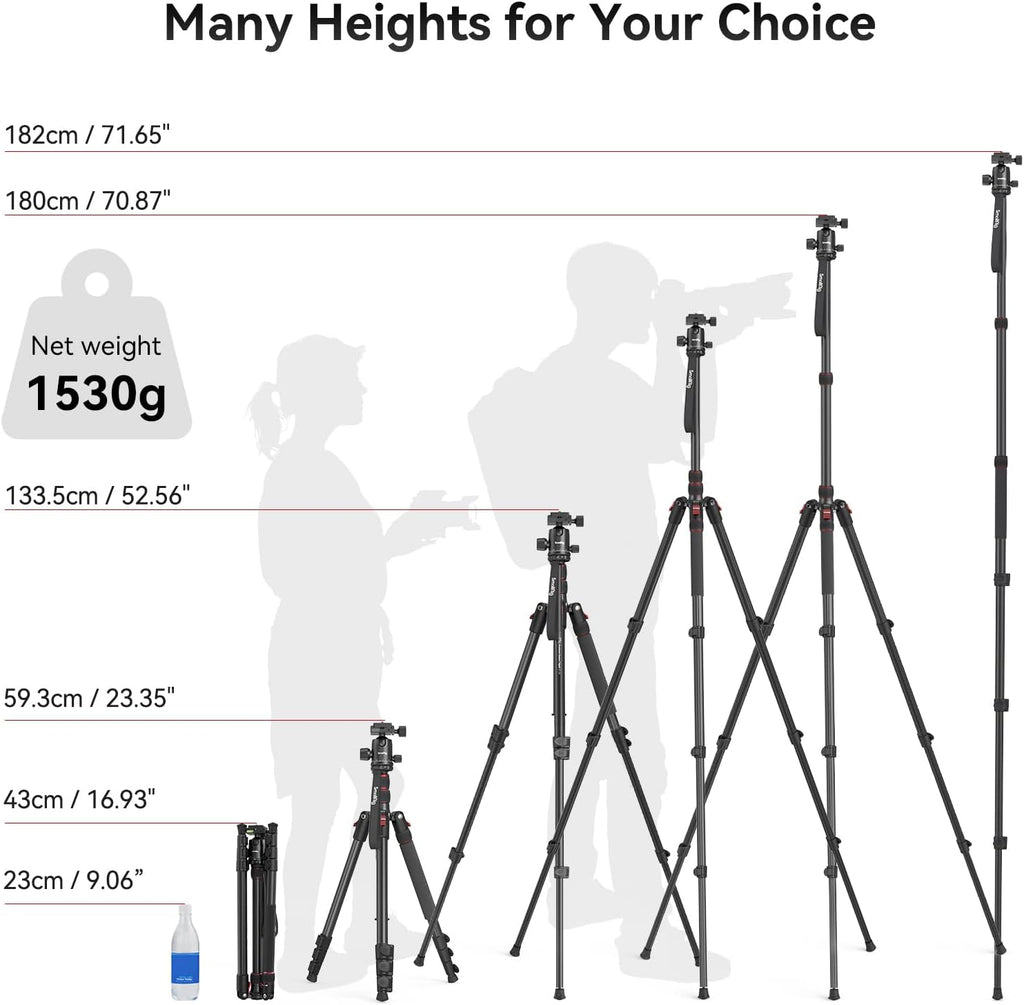 SmallRig Camera Tripod, 71" Foldable Aluminum Tripod/Monopod, 360°Ball Head Detachable, Payload 33lb, Adjustable Height from 16" to 71" for Camera, Phone
