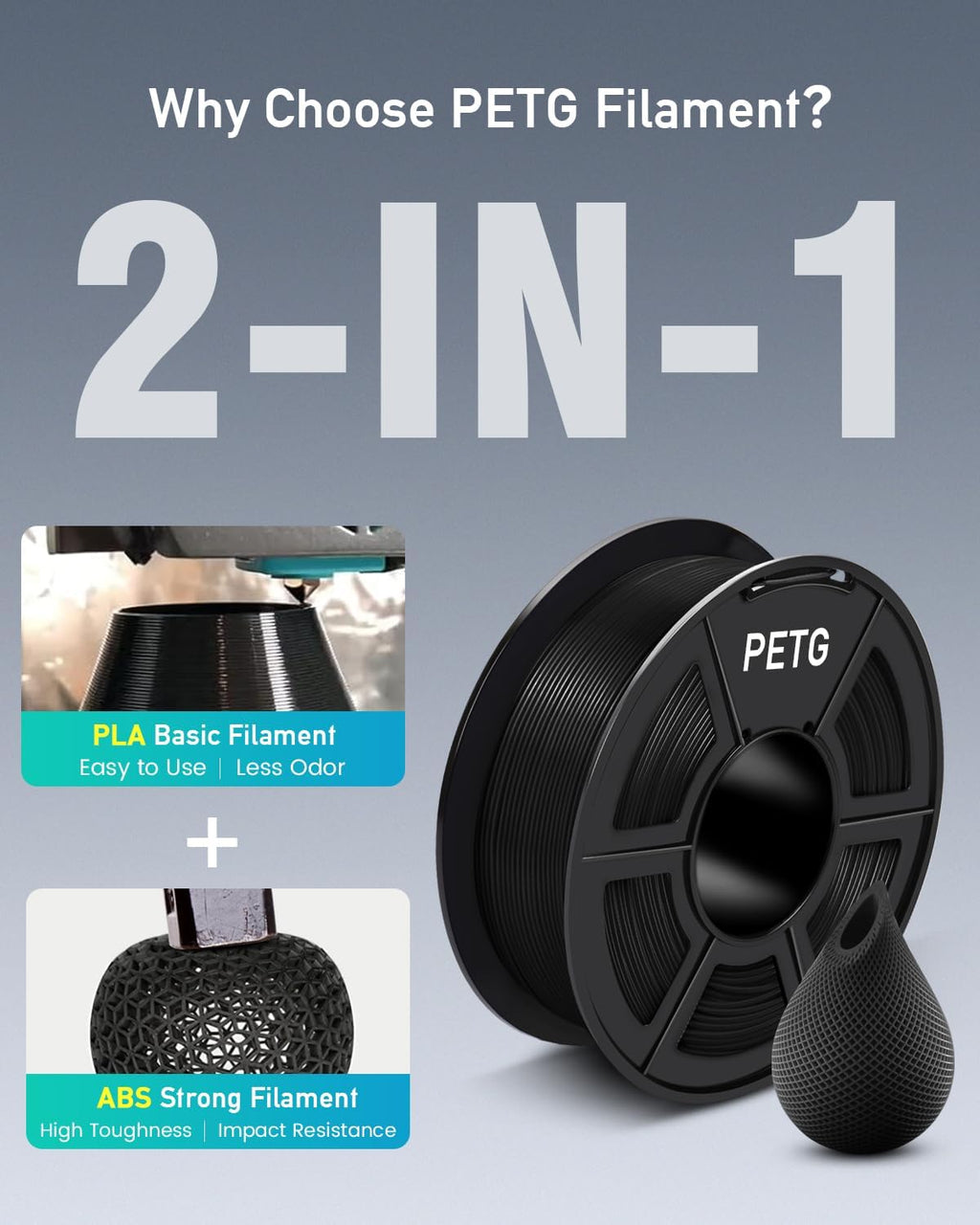 SUNLU Large Spool 5KG PETG Filament, 3D Printer Filament PETG 1.75mm, Less Stringing Good Layer Adhesion High Toughness, Big Roll Filament, 5kg Spool(11 lbs), Black
