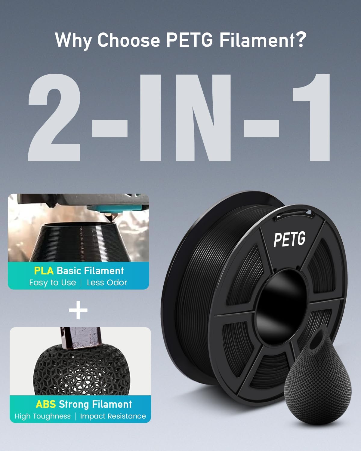 SUNLU 3D Printer Filament PETG Filament 1.75mm, Less Stringing Good Layer Adhesion High Toughness, PETG Filament 1.75 ±0.02mm, 1kg Spool(2.2lbs), Silver