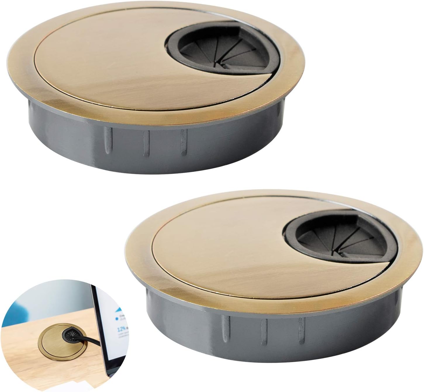 Desk Grommet for Wire Organizer,PC Computer Desk Plastic Grommet Cord, Tidy Cable Hole Cover Organizers,2 Pack (60mm, Gold)