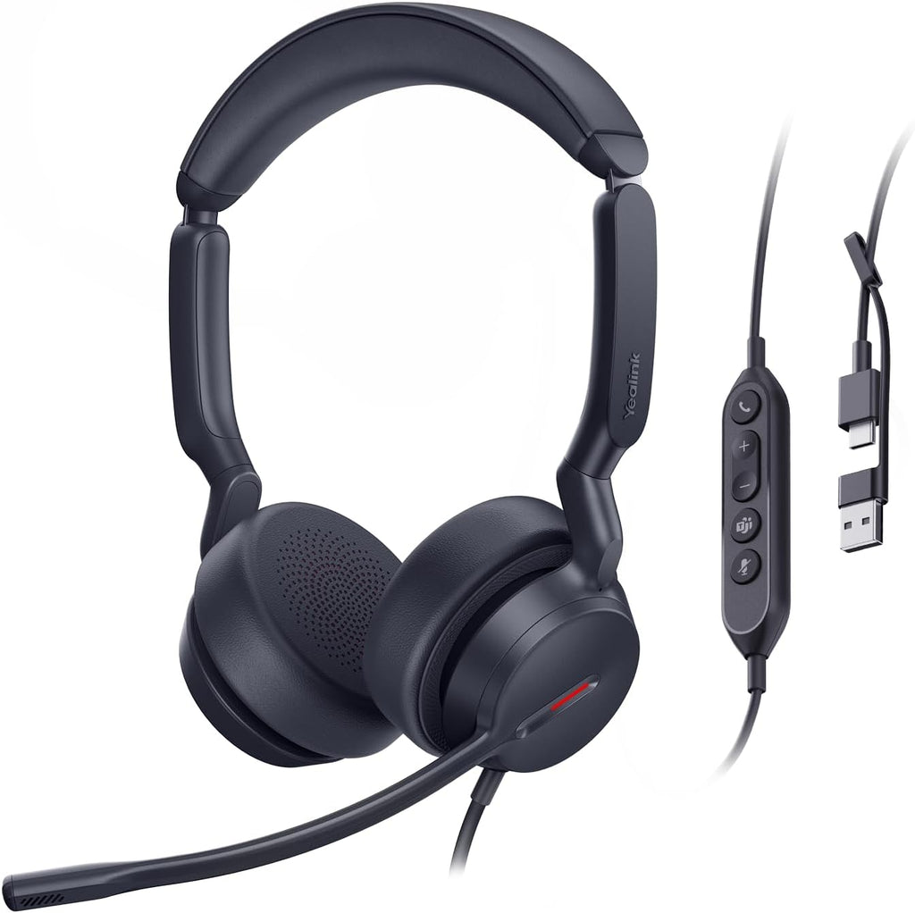 Yealink UH44 Teams Certified USB Wired Headset with 2 Noise Cancelling Mics,Stereo Sound for PC,Laptop,Teams,Zoom,Call Center,Home Office,Inline Controls,Comfort Ear Cushions,USB-C/A,Busylight-Black