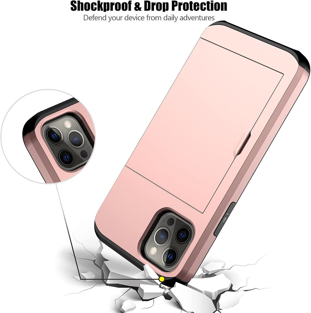 Nvollnoe for iPhone 12/iPhone 12 Pro Case with Card Holder Heavy Duty Protective Dual Layer Shockproof Hidden Card Slot Slim Wallet Case for iPhone 12/12 Pro for Men&Women(Rose Gold)
