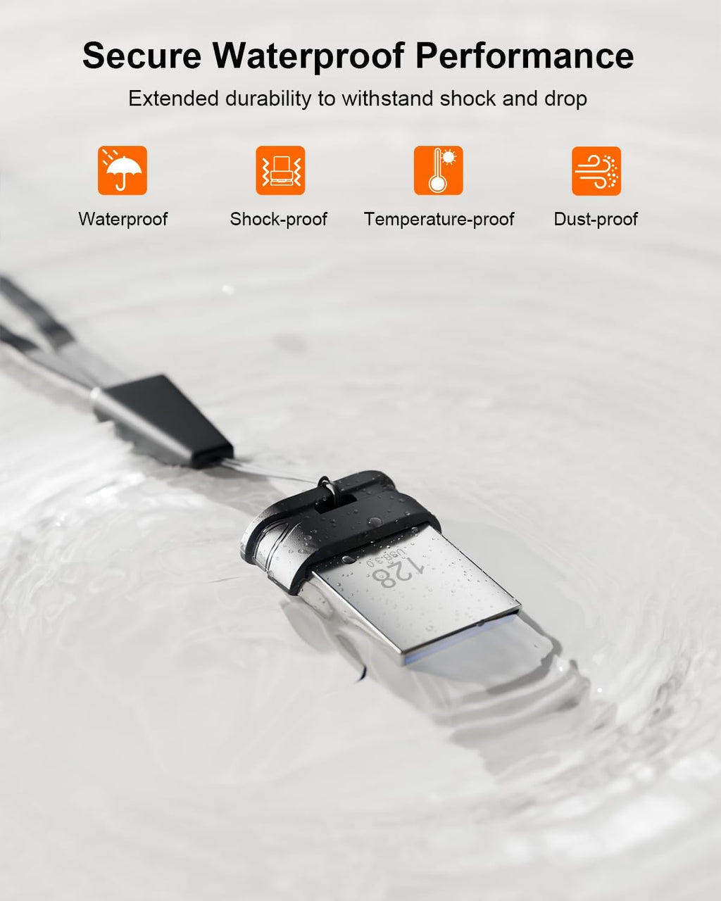 128GB USB 3.0 Flash Drive, Mini Thumb Drive Waterproof Memory Stick with Lanyard Hole Plug and Play Portable USB Stick Storage for Computer Laptop Smart TV, Black