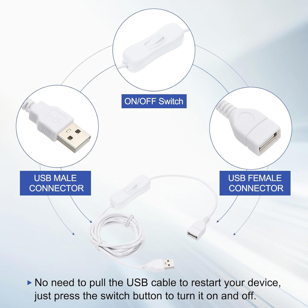 MECCANIXITY USB Cable with ON/Off Toggle Switch, USB Male to Female Extension Cord Inline Switch 2.0m White, for LED Desk Lamp LED Strip