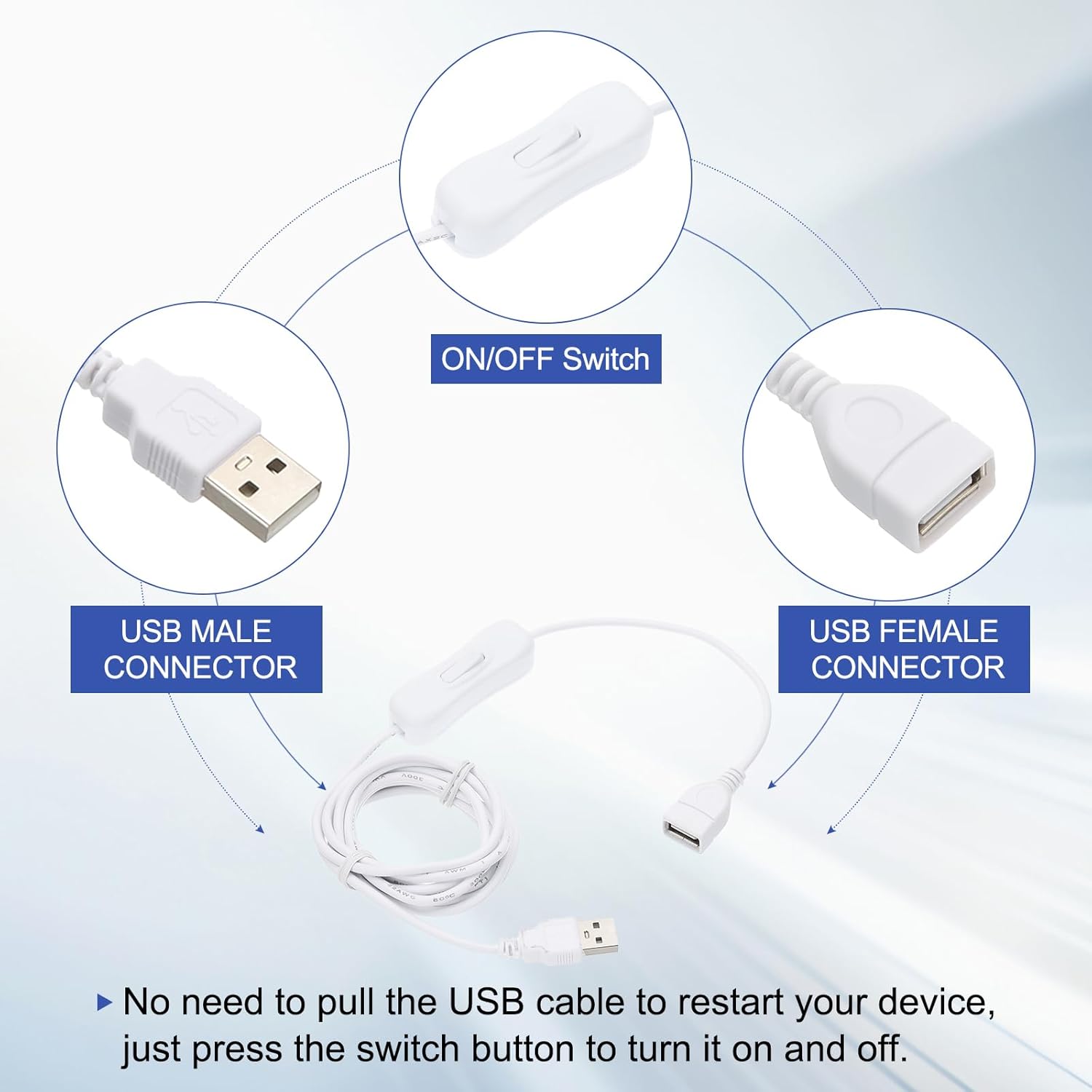 MECCANIXITY USB Cable with ON/Off Toggle Switch, USB Male to Female Extension Cord Inline Switch 2.0m White, for LED Desk Lamp LED Strip