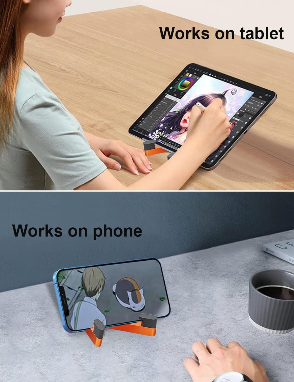 MONEER Cell Phone Stand, Phone Stand for Desk, Foldable & Portable iPhone Stand, Cell Phone Holder Desk Compatible with All Mobilephone, iPhone, iPad mini, Tablet 4-10.5" (Orange)