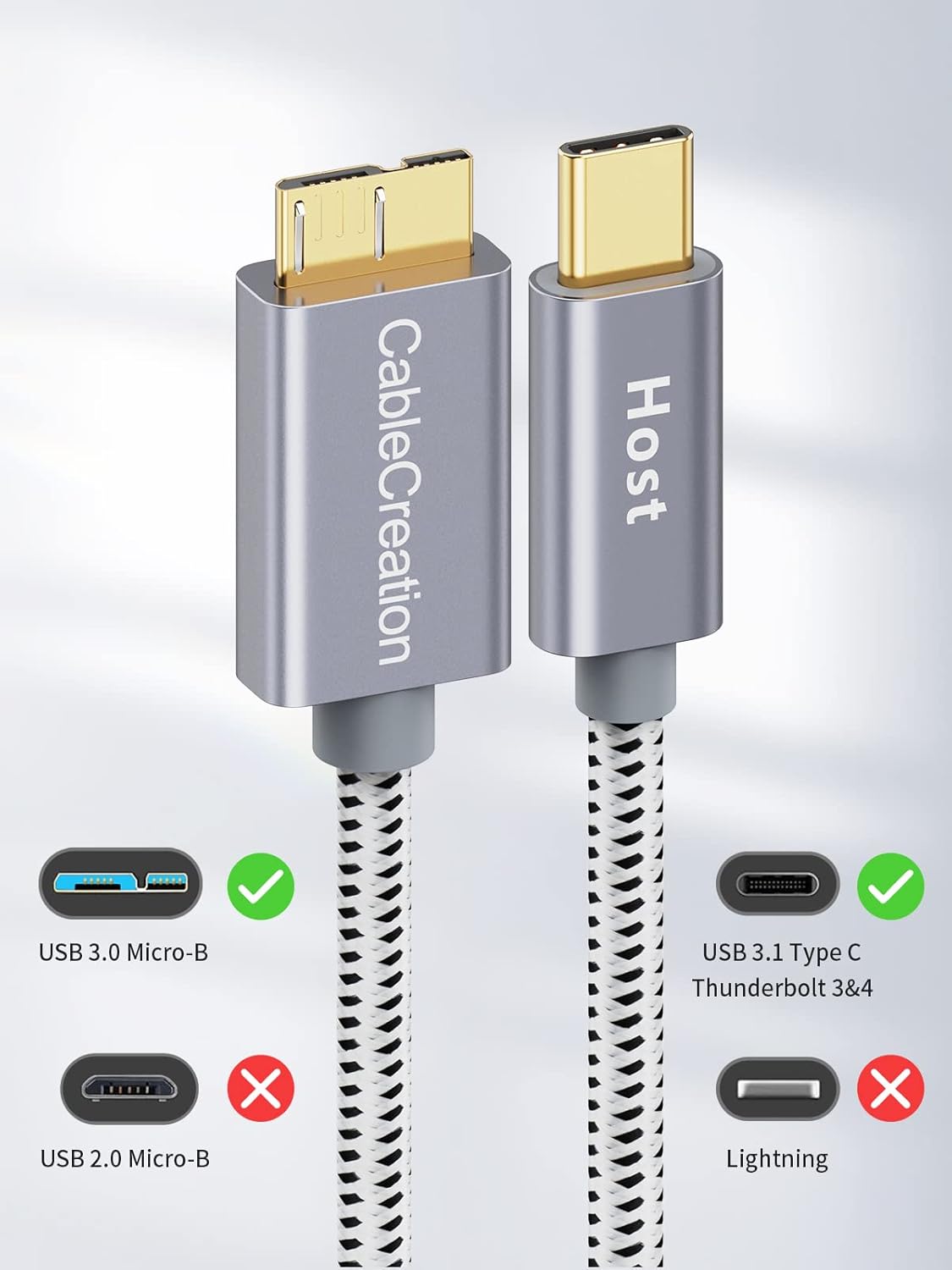 CableCreation 1FT USB C to Micro B Cable,10Gbps Speed External Hard Drive Braided,USB 3.1 Type C to Micro B Work for iPhone 15 Series,Seagate WD Westgate My Passport,MacBook Pro/Air, iPad/Tablet,Grey