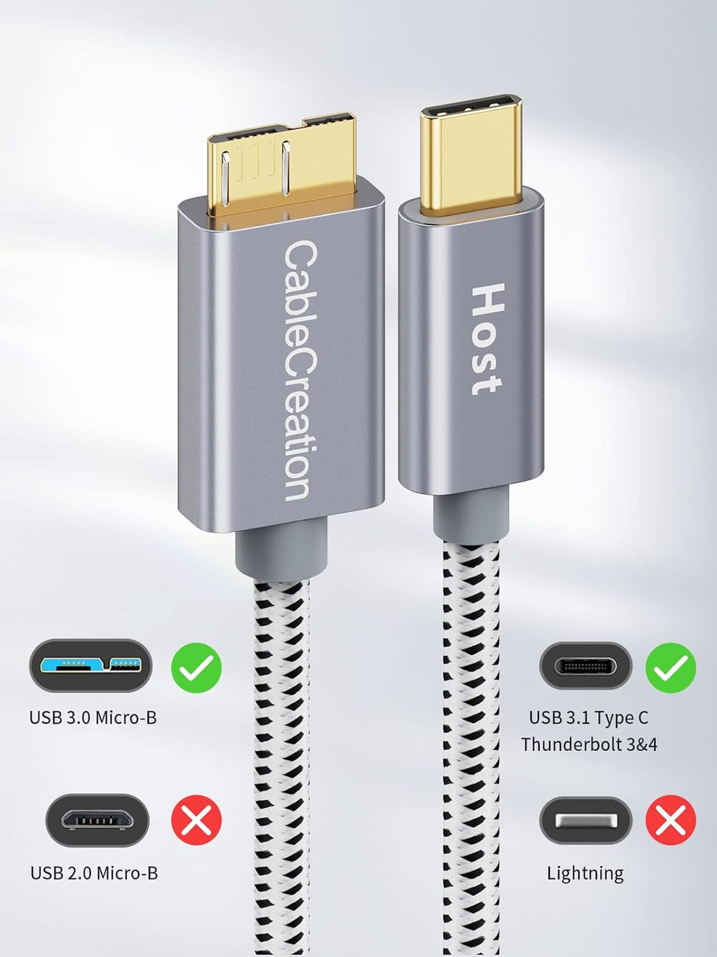 CableCreation 2FT USB C to Micro B Cable,10Gbps Speed External Hard Drive Braided,USB 3.1 Type C to Micro B Work for iPhone 15 Series,Seagate WD Westgate My Passport,MacBook Pro/Air, iPad/Tablet,Grey