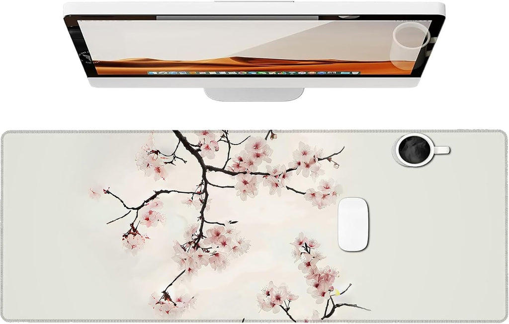 Elegant Cherry Blossom Gaming Mouse Pad, Large Office Desk Mat, Anti-Slip Rubber Base Mousepad for Computer Laptop Keyboard, Smooth Desk Pad for Home Office Gamer Work Accessories 31.5" x 11.8"