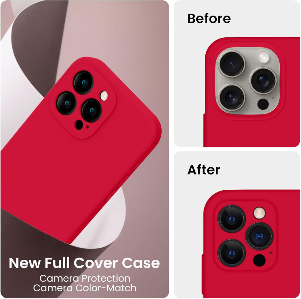FireNova Designed for iPhone 15 Pro Max Case, Silicone Upgraded [Camera Protection] Phone Case with [2 Screen Protectors], Soft Anti-Scratch Microfiber Lining Inside, 6.7 inch, Deep Red
