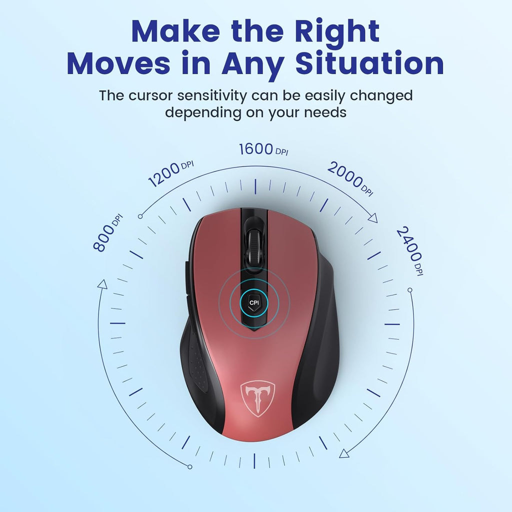 Wireless Mouse, D-09 Computer Mouse USB Cordless Mice for Laptop, Ergo Grips, Lightspeed 5-Level 2400 DPI, 16 Months Battery, Portable for PC Mac Chromebook (Red, 1 Pack)
