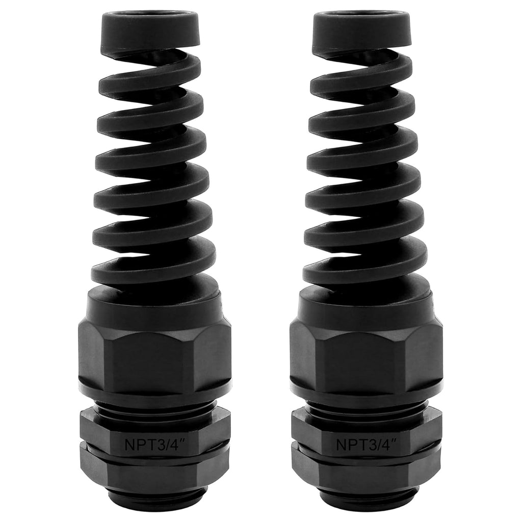 Strain Relief Cord Connector,LISTENJIALE 2Pcs NPT 3/4" Waterproof Cable Gland Flex Spiral Strain Relief Adjustable 12.5-18mm Cable Connector Nylon Joint with Gaskets(Black)