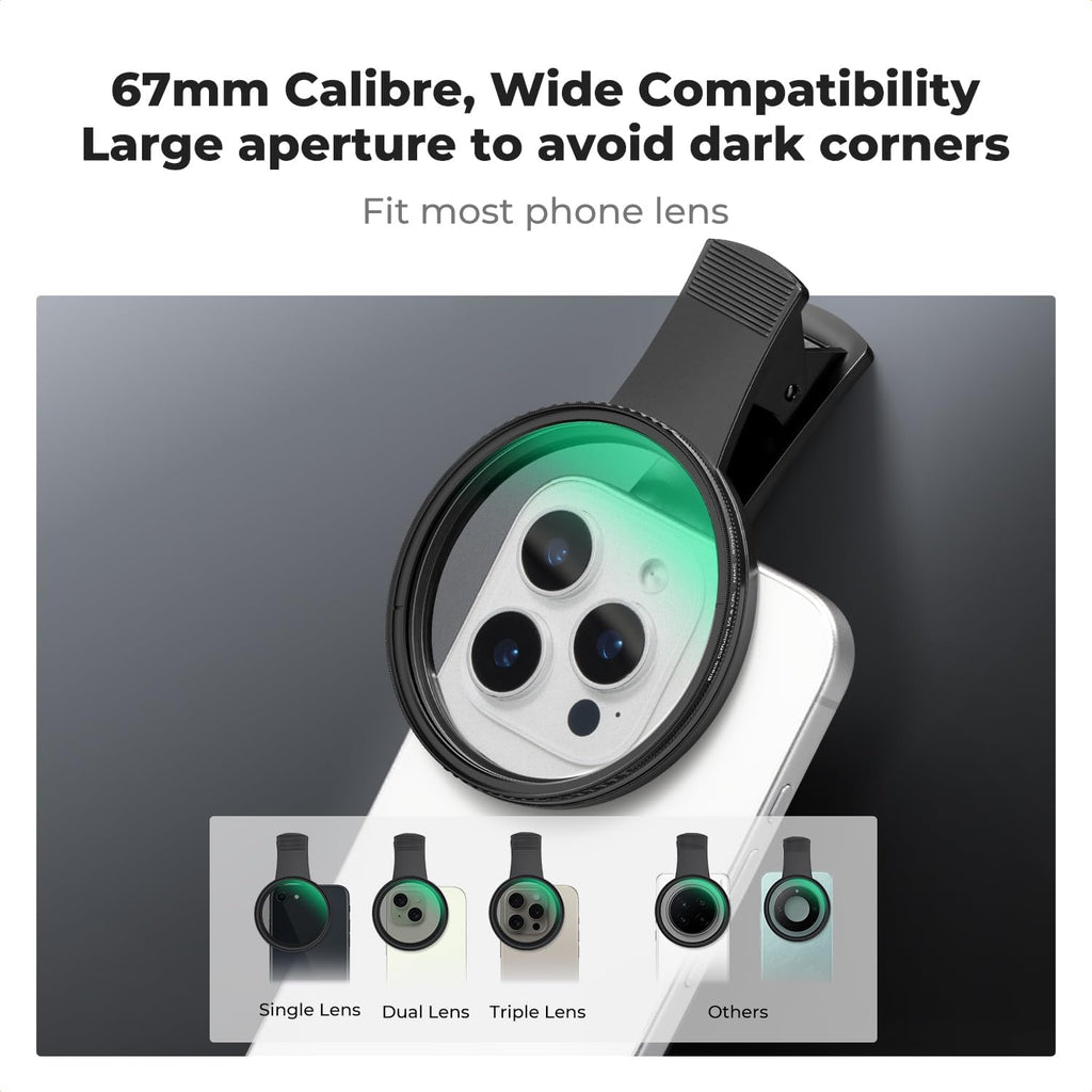 K&F Concept 67mm Clip-on Black Diffusion 1/4&CPL Phone Camera Lens Filter Kit, Mist Cinematic Effect Filter Compatible with iPhone 16 15 14 13 12 11, for Video/Vlog/Portrait Photography
