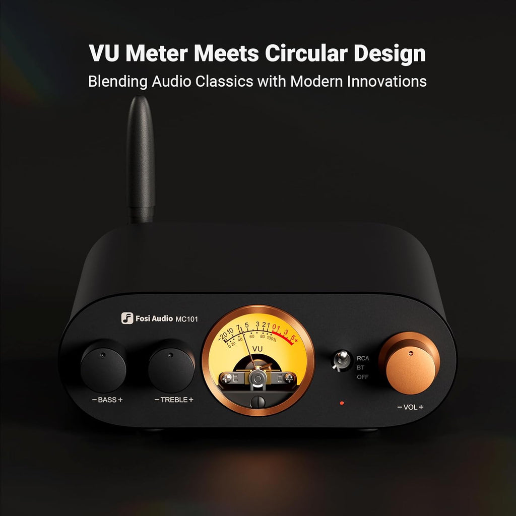Fosi Audio MC101 Bluetooth Stereo Amplifier Home Audio Component Mini Amp with VU Meter 2 Channel HiFi Receiver for Passive Speakers with Bass Treble Tone Control Vintage All Aluminum Alloy Build