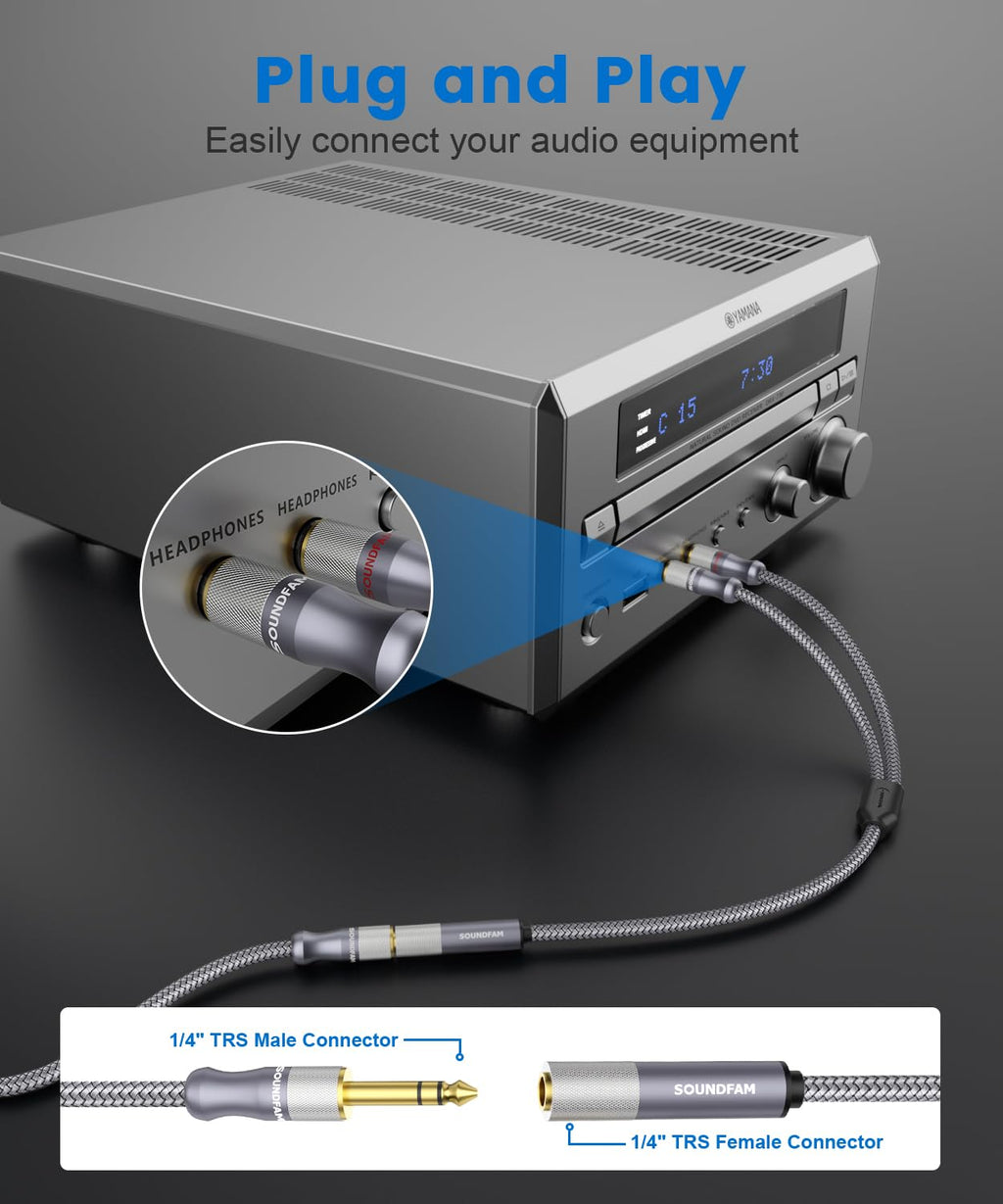 1/4" Splitter Cable 2 Feet/60CM,Microphone Splitter 1 Female to 2 Male TRS 1/4 inch Splitter 6.35mm Stereo Female Plug to Dual 6.35mm Male-Grey