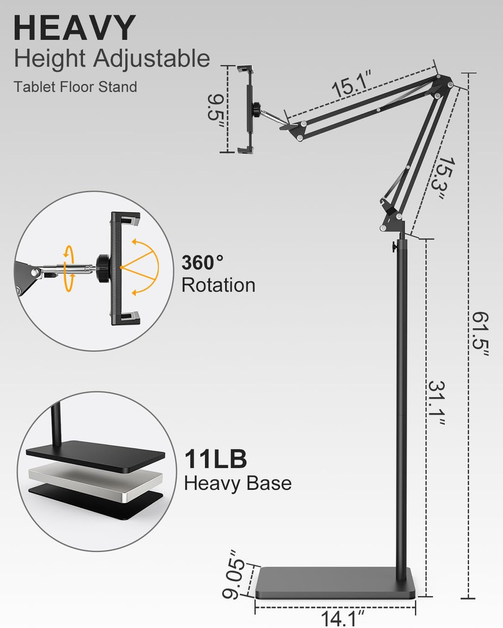 Tablet Floor Stand with 11lb Stable Base & Desk Clamp, Adjustable Height Stretchable Arm Swivel Dual Holder, Compatible with iPhone, iPad Pro Air Mini, Galaxy Tab, Kindle, Phones (4.5''-13'')