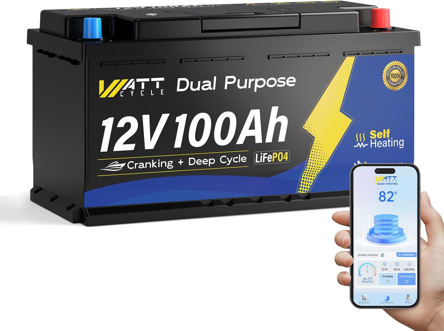 12V 100Ah Marine Starting LiFePO4 Battery Bluetooth, [Cranking &Deep Cycle] Lithium Battery with Self-Heating, Built-in 200A BMS, Perfect for Trolling Motor, RV, Marine, Boat