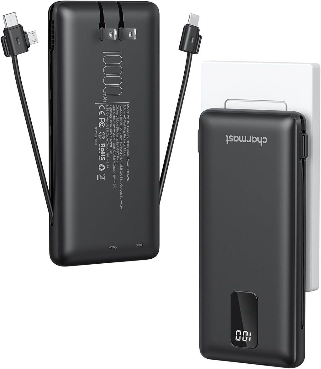 charmast Portable Charger with Built-in Cables & Wall Plug, 10000mAh Portable Power Bank, External Battery Pack Travel Essentials Compatible with iPhone 16/15/14/13, Samsung, iPad etc