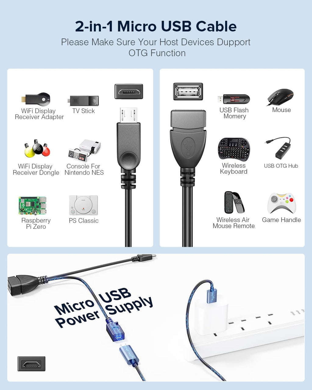 ANDTOBO 2-in-1 Micro USB (OTG Cable with Power) Adapter Replacement for Fire Stick 4K /Host Devices/PlayStation Classic etc- 2 Pack