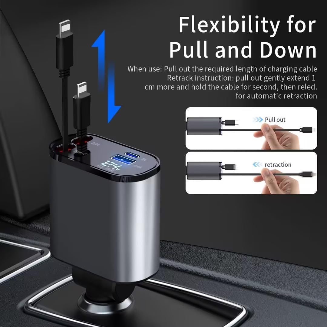 Retractable Car Charger, 4 in 1 Fast Charging 69W, Cigarette Lighter Adapter 2 Retractable iPhone Cables and USB Car Charger,Compatible with iPhone 15/14/13/12/11,Galaxy,Pixel