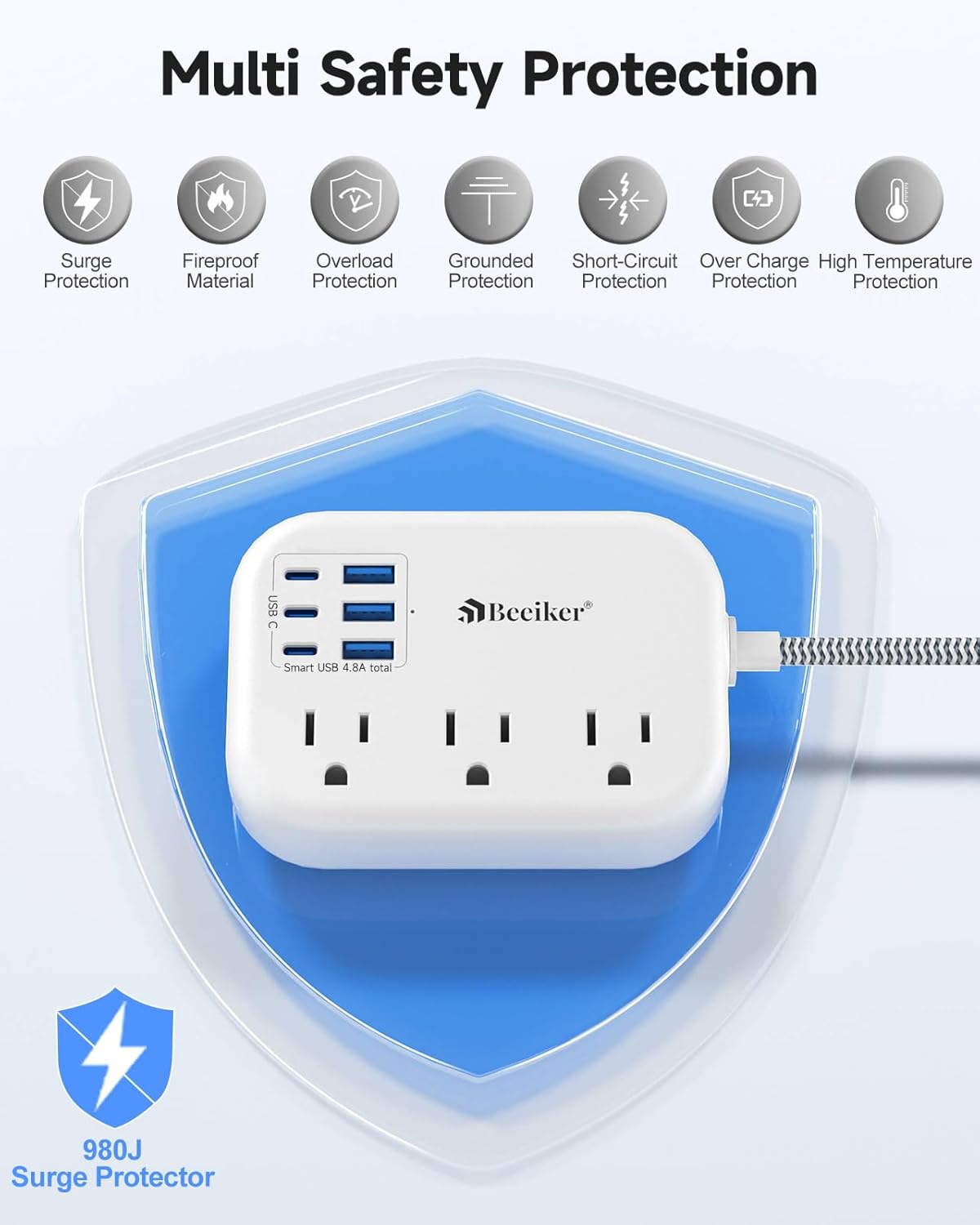 Short Extension Cord 2 Foot- 6 USB(3 USB C) Travel Power Strip with 24W USB Charging Station and 3 Outlets, 2ft Small Flat Plug Extension Cord Surge Protector for Travel Home College Dorm 13A