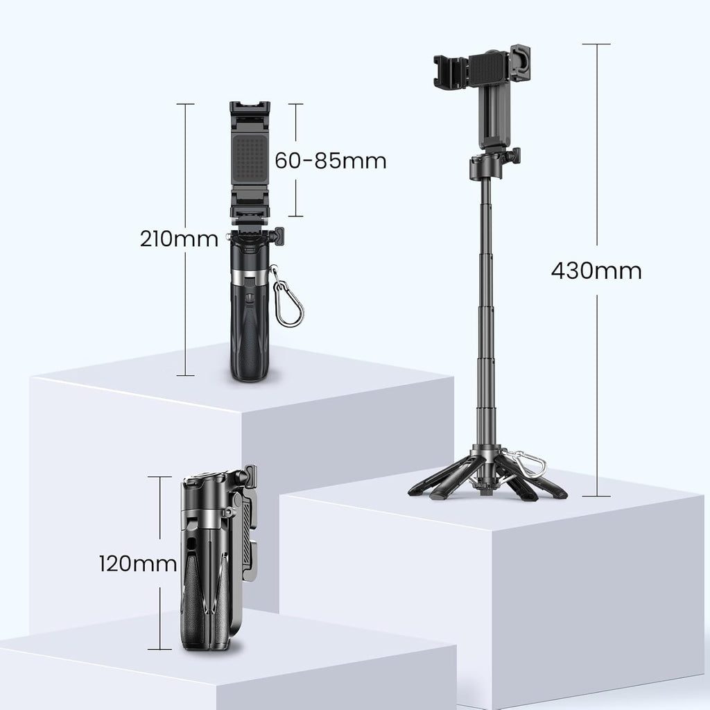 Mini Selfie Stick for iPhone with Remote, 3-in-1 Portable Selfie Tripod with 2 Cold Shoe Mounts, Pocket Size Phone Tripod for Android, Vlog, Video, Livestreaming, Photography (Black) T26