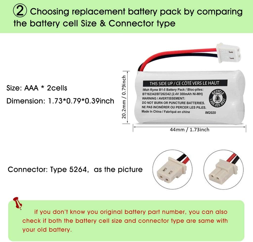 iMah BT162342/BT262342 2.4V 300mAh Ni-MH Cordless Phone Battery Pack, Also Compatible with BT183342/BT283342 AT&T EL52351 TL90070 VTech CS5119 DS6511 DS6722 LS6305 Handset, 6-Pack