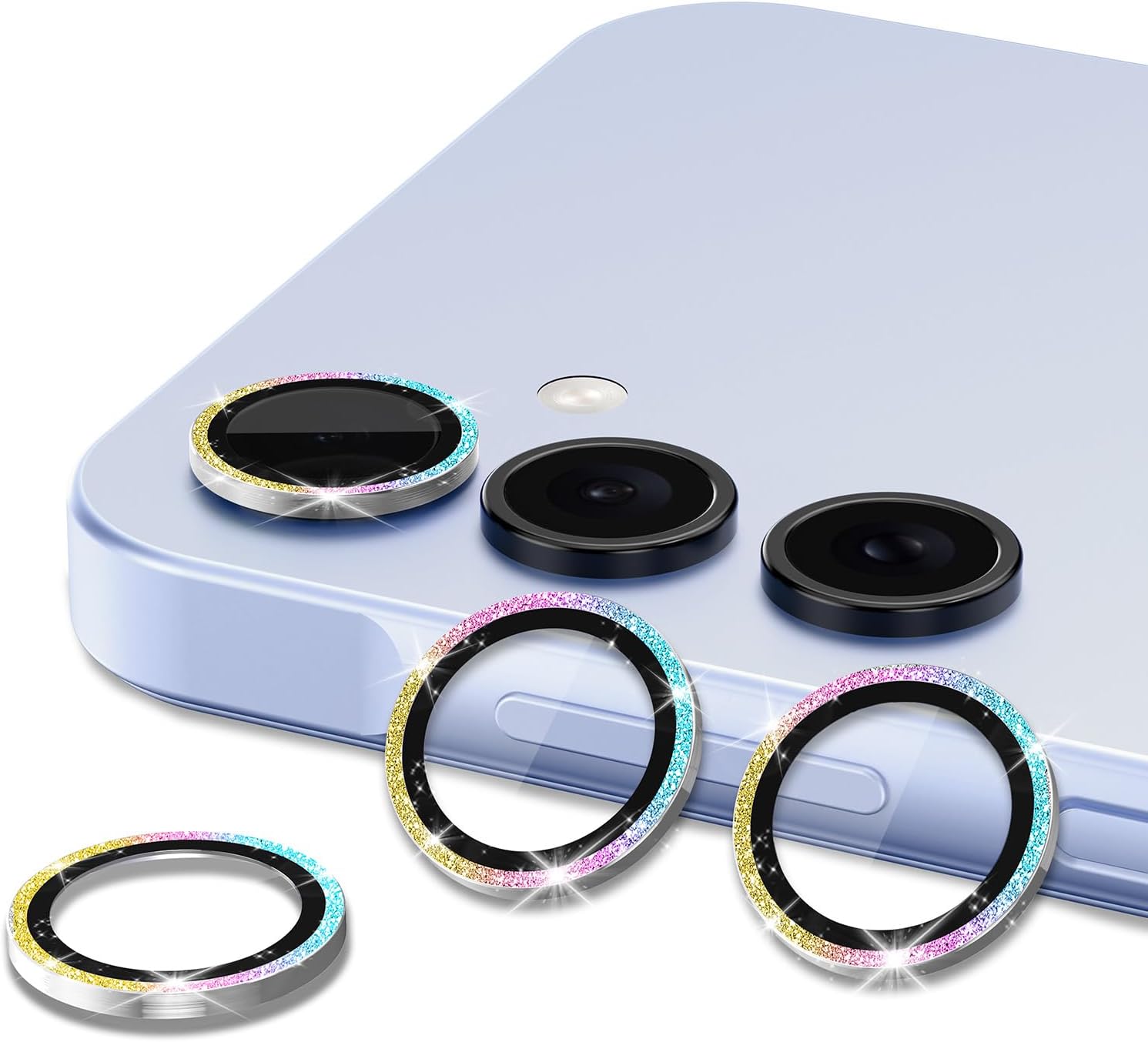 for Samsung Galaxy A16 Camera Lens Protector, Individual Metal Ring Tempered Glass Lens Cover, [Strong Adsorption] Scratch Resistant Ultra-Thin HD Clear Lens Cover, 1 Set-Colorful Sparkly