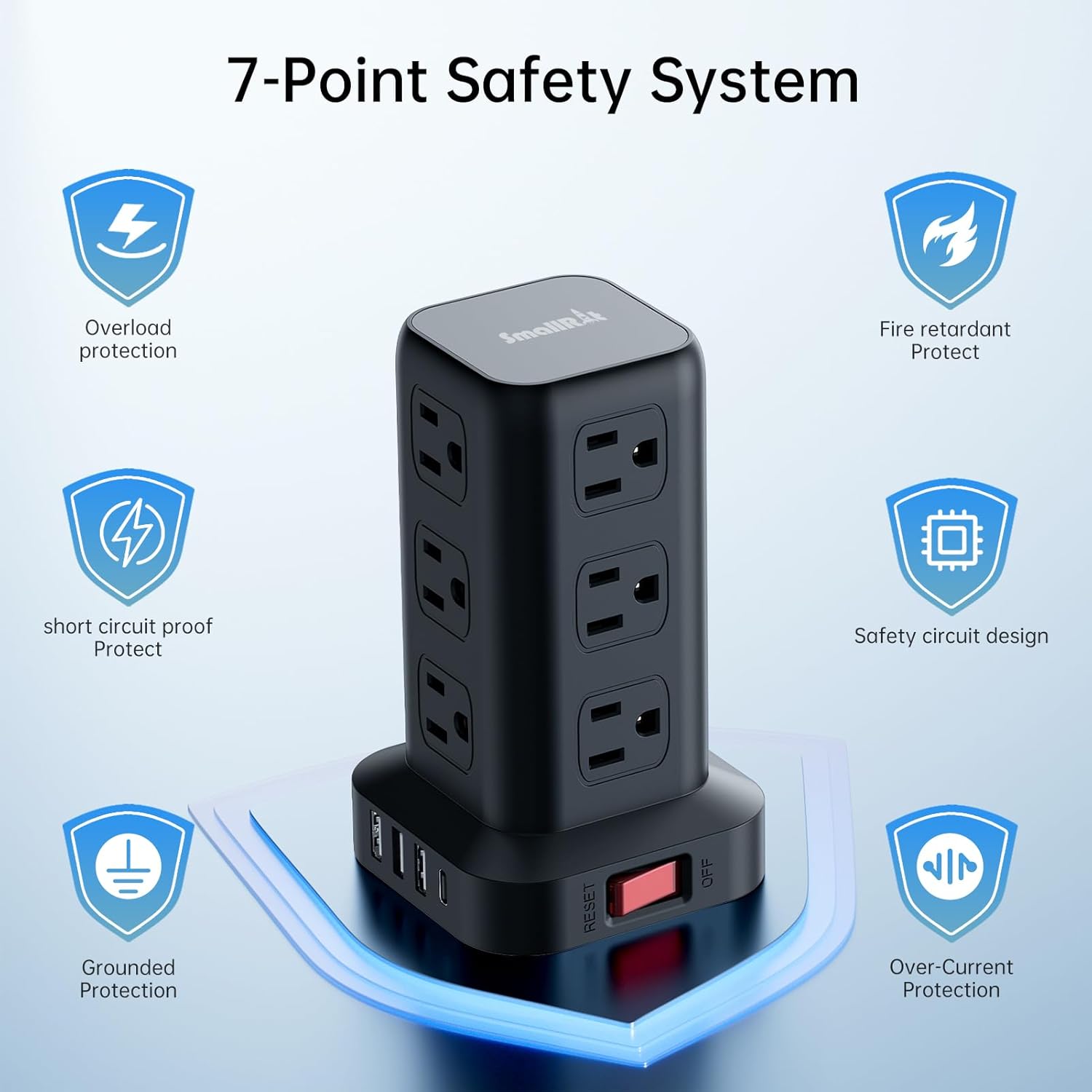 PD20W Surge Protector Power Strip Tower, 15FT Extension Cord with Multiple Outlets, 12 AC 4 USB (1 USB C)，Mini Power Strip with USB Ports, Surge Protector Tower Overload Protection for Office, Desk
