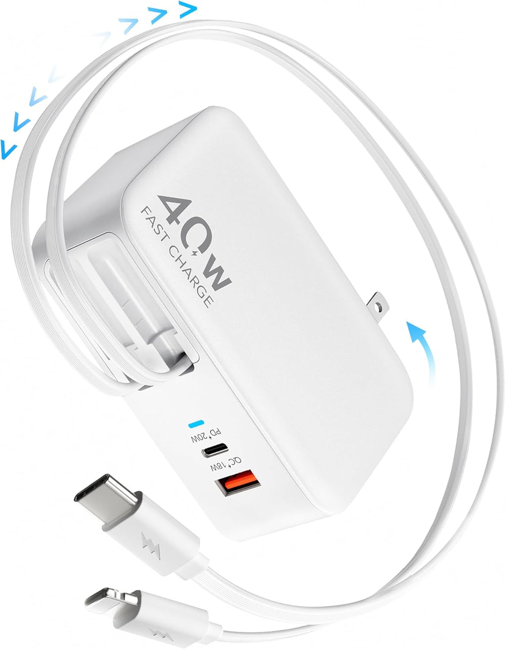 4-in-1 Retractable Gan Wall Charger Plug,Travel Essentials Brick Multiport USB Ports,3ft Lightening and Type C Cables,40W Multi Fast Charging Foldable Block for iPhone 16/15/14/13,iPad,Galaxy,Pixel