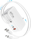 4-in-1 Retractable Gan Wall Charger Plug,Travel Essentials Brick Multiport USB Ports,3ft Lightening and Type C Cables,40W Multi Fast Charging Foldable Block for iPhone 16/15/14/13,iPad,Galaxy,Pixel