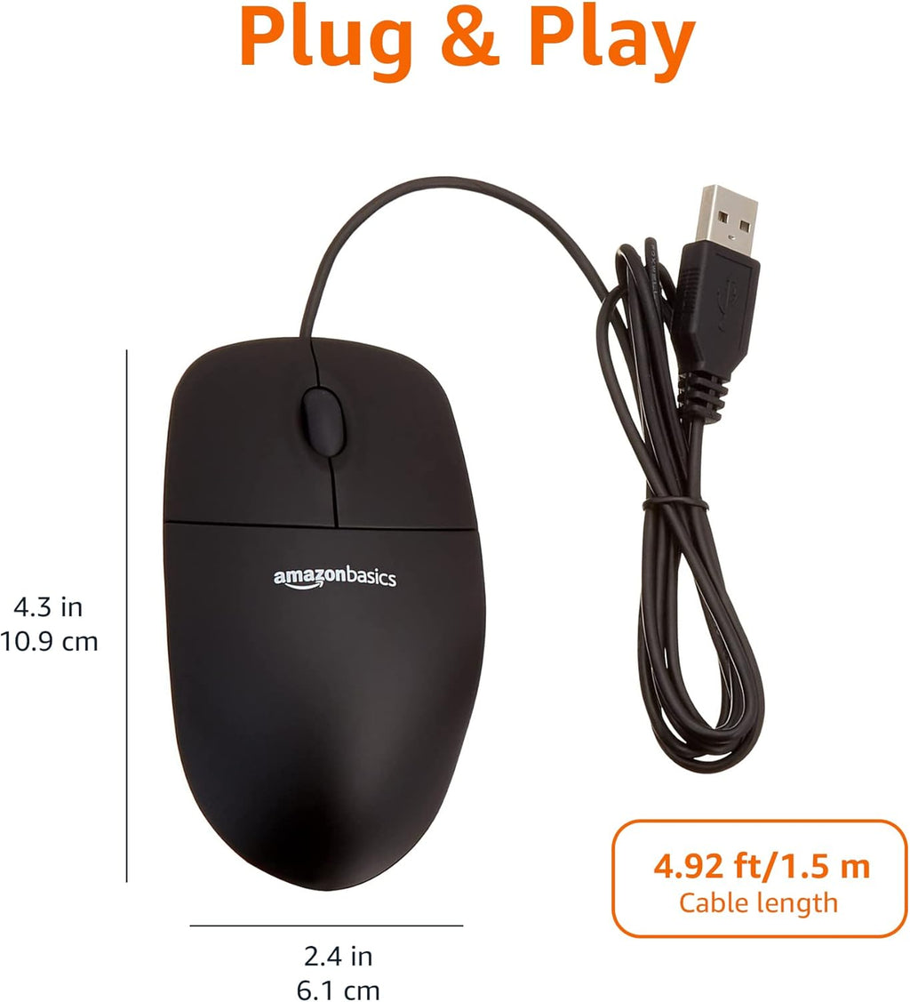 Amazon Basics 3-Button Wired USB Computer Mouse, Black - Pack of 30