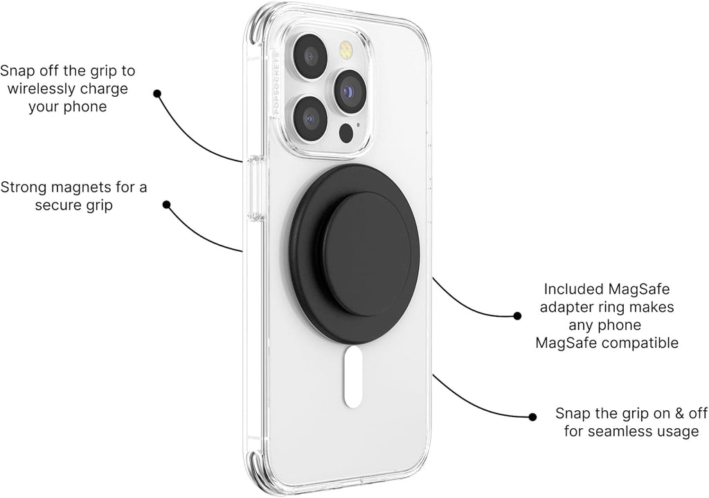 PopSockets Phone Grip for MagSafe with Kickstand, Magnetic Stand, Swappable Top, Secure Hold for iPhone MagSafe Cases, Phone & Tablet Grip - Black