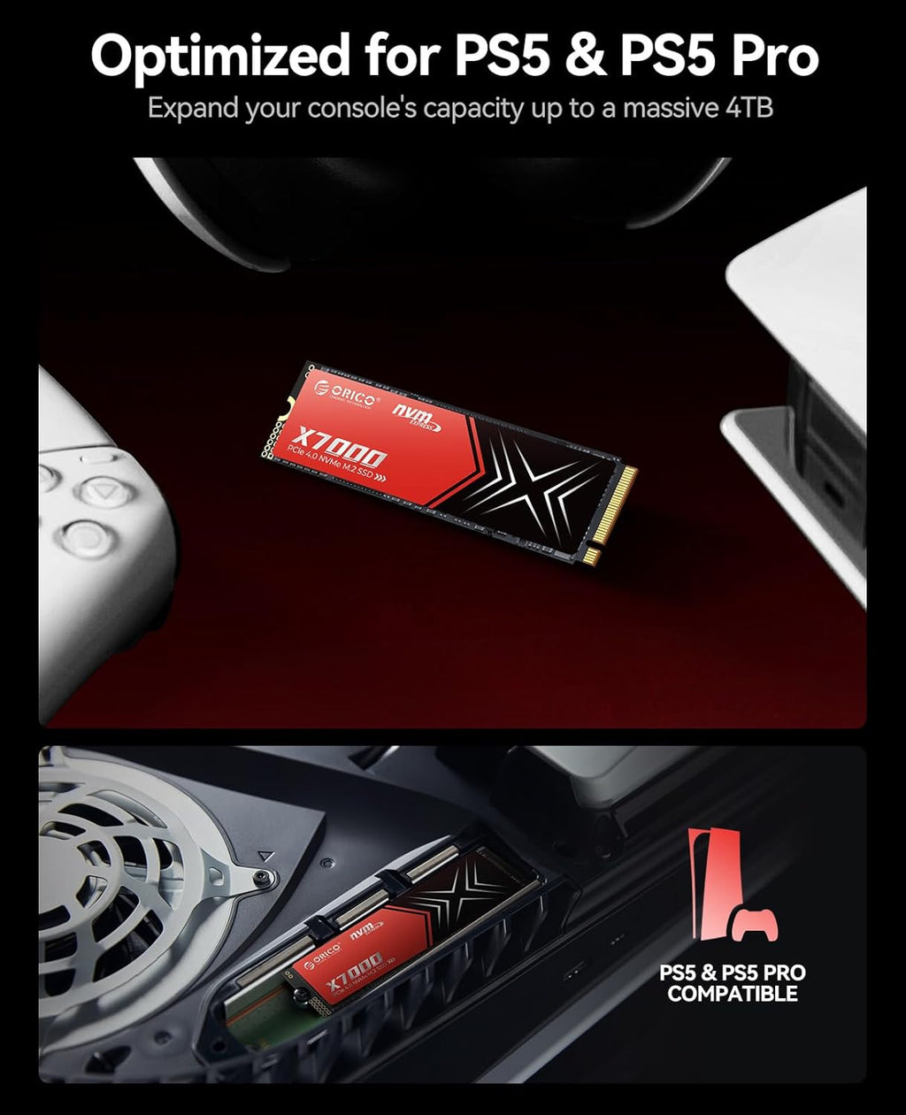 ORICO X7000 1TB NVMe SSD for Gaming, 7100MB/s Read Speed, 17μs Response Time, PCIe Gen 4 Internal Drive, PS5 & PC Compatibility, Comes with Heatsink for Enhanced Cooling and Multitasking