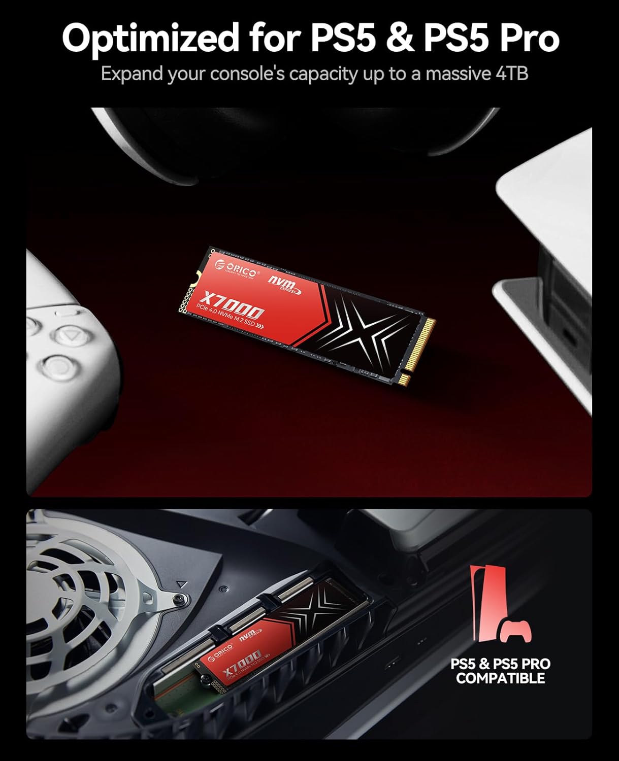 ORICO X7000 2TB NVMe SSD for Gaming, 7400MB/s Read Speed, 17μs Response Time, PCIe Gen 4 Internal Drive, PS5 & PC Compatibility, Comes with Heatsink for Enhanced Cooling and Multitasking