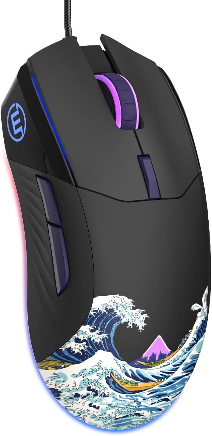 COSTOM Womier G705 USB Wired Gaming Mouse for PC Computer Windows Mac Laptop, Lightweight Silent RGB Backlit Mouse with Adjustable 12000DPI/7 Programmable Side Buttons,Black Kanagawa Theme