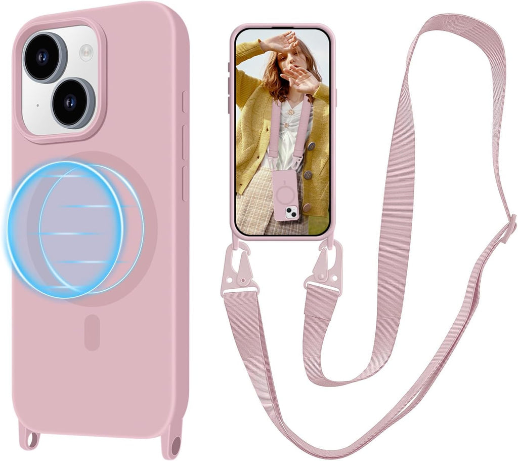 for iPhone 16 Case with Lanyard [Compatible with MagSafe], Crossbody Phone Case with Neck Strap Adjustable, Magnetic Phone Cover for iPhone 16 6.1'' Pink