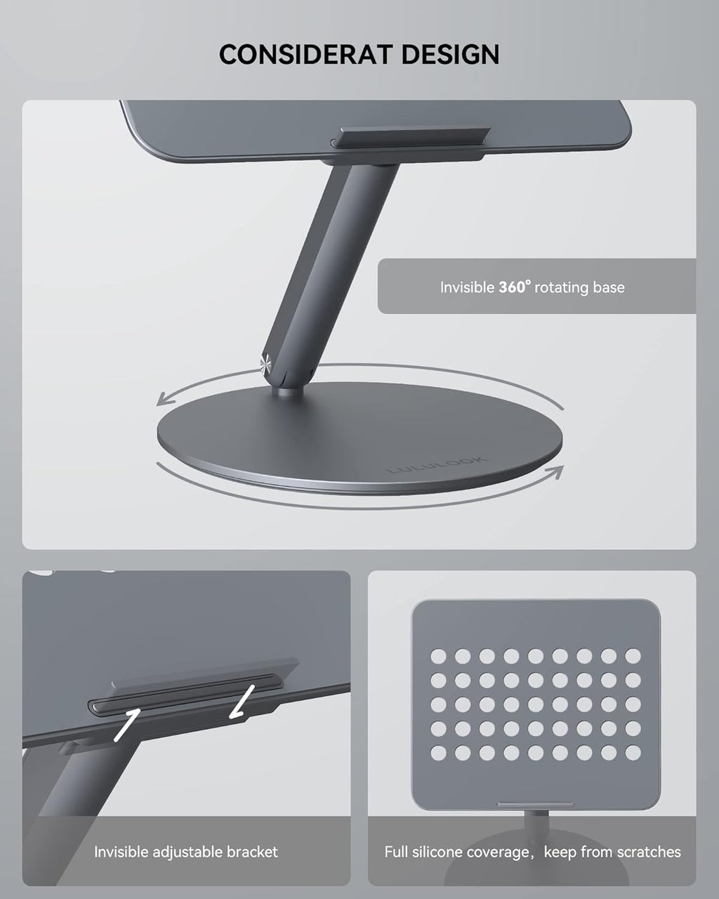 LULULOOK Laptop Stand for Desk 2025, 360 Rotating Adjustable Laptop Riser, Upgraded Foldable Full Aluminum Alloy Computer Stand for MacBook Pro/Air, Dell, HP, Lenovo and Other 10-17inch Laptops